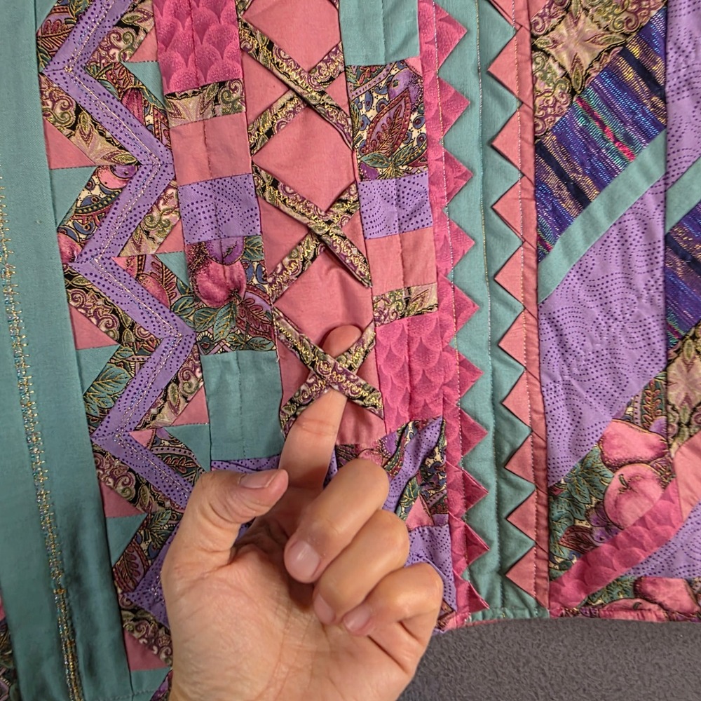 Handmade Quilted Patchwork Jacket Womens XL Pink Purple Teal Wearable Art Boho - Picture 8 of 12